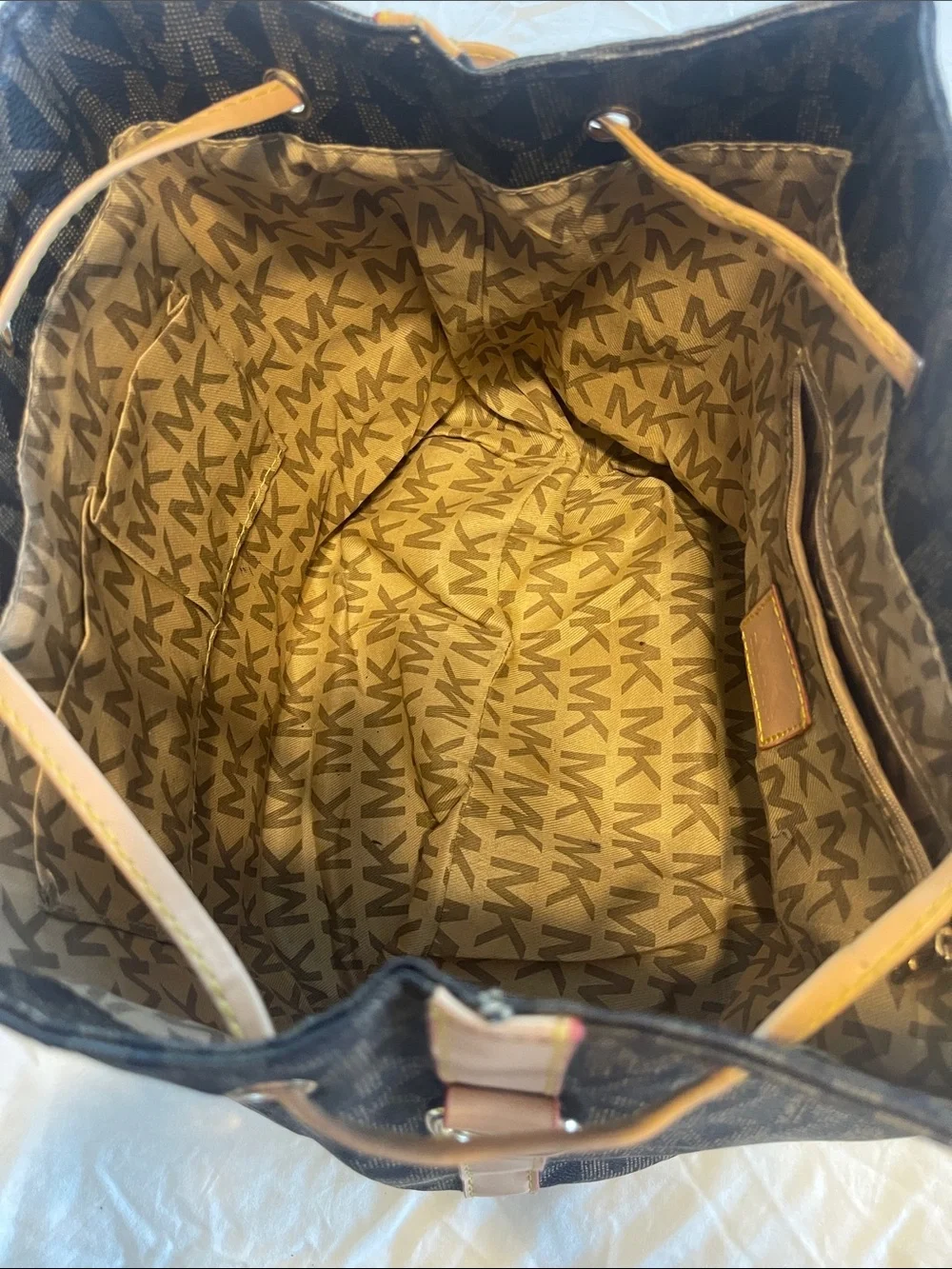 Michael Kors Black Logo Drawstring Shoulder Bag with Tan Trim